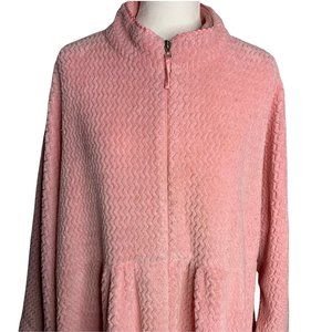 Stan Herman Chenille Plush Long Robe XL Pink Chevron Full Zip Pockets House Coat
